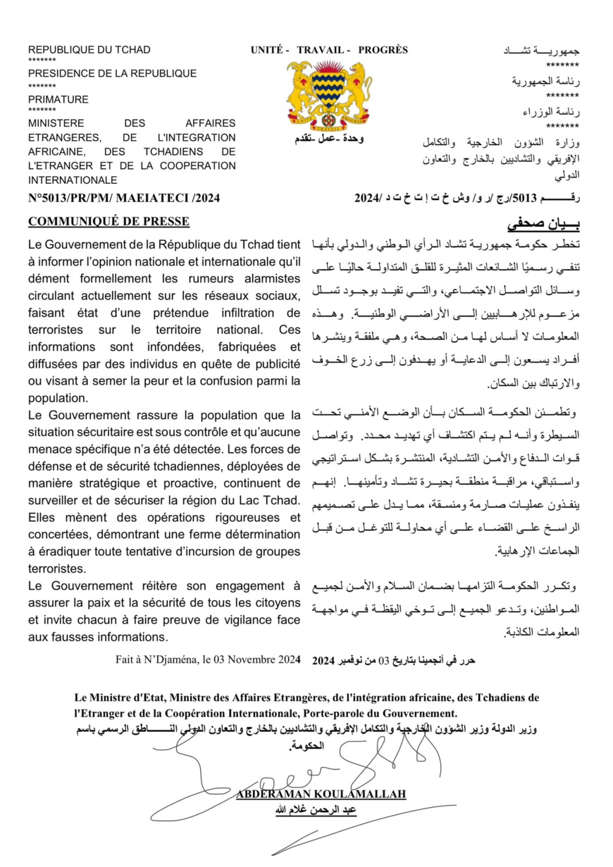 Tchad : le gouvernement dément une "infiltration de terroristes sur le territoire national" Tchad : le gouvernement dément une "infiltration de terroristes sur le territoire national"