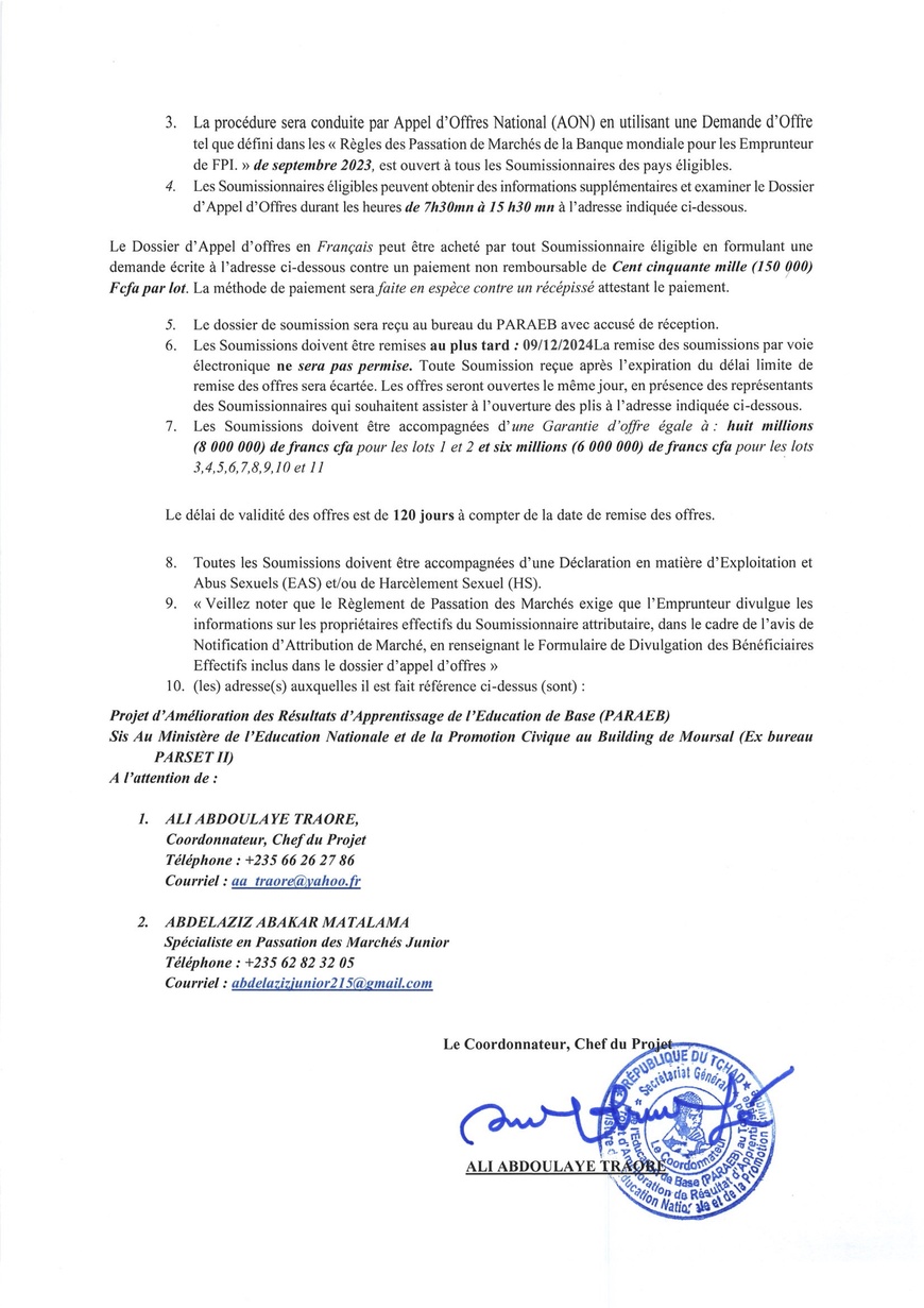 Tchad : Avis spécifique d'appel d'offres pour la construction des Infrastructures Scolaires dans la Province du Kanem (PARAEB) Tchad : Avis spécifique d'appel d'offres pour la construction des Infrastructures Scolaires dans la Province du Kanem (PARAEB)