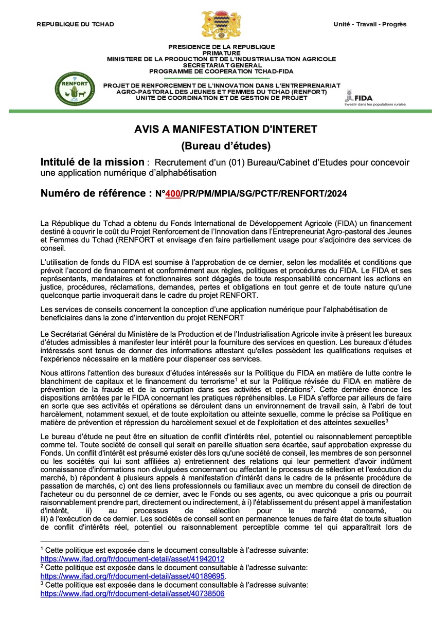 Tchad : Recrutement d'un Bureau d'études pour concevoir une application numérique d'alphabétisation (Projet RENFORT) Tchad : Recrutement d'un Bureau d'études pour concevoir une application numérique d'alphabétisation (Projet RENFORT)
