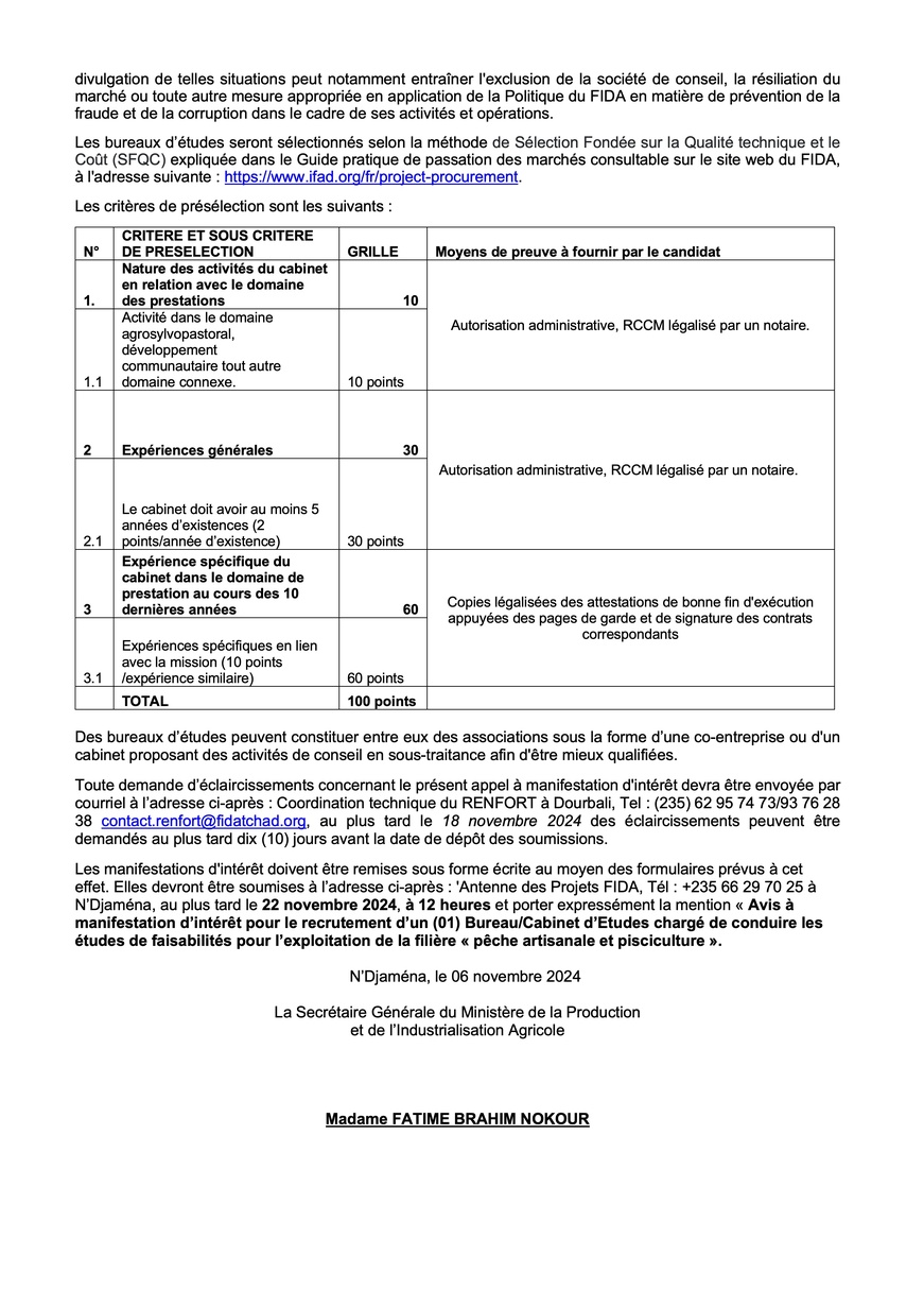 Tchad : Recrutement d'un Bureau d'études chargé de conduire les études de faisabilités dans la filière pêche et pisciculture (RENFORT) Tchad : Recrutement d'un Bureau d'études chargé de conduire les études de faisabilités dans la filière pêche et pisciculture (RENFORT)