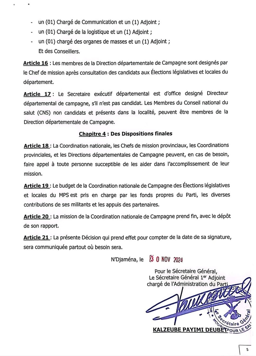 Tchad - MPS : Création d'une Coordination Nationale pour les Élections Législatives et Locales Tchad - MPS : Création d'une Coordination Nationale pour les Élections Législatives et Locales