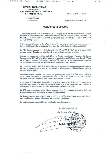 Communiqué de presse du Rassemblement pour la Démocratie et le Progrès