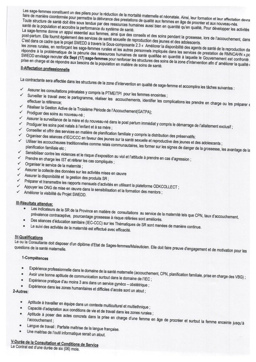 Tchad : Avis de recrutement de personnel du projet SWEDD+ (17 Sage-Femmes) Tchad : Avis de recrutement de personnel du projet SWEDD+ (17 Sage-Femmes)