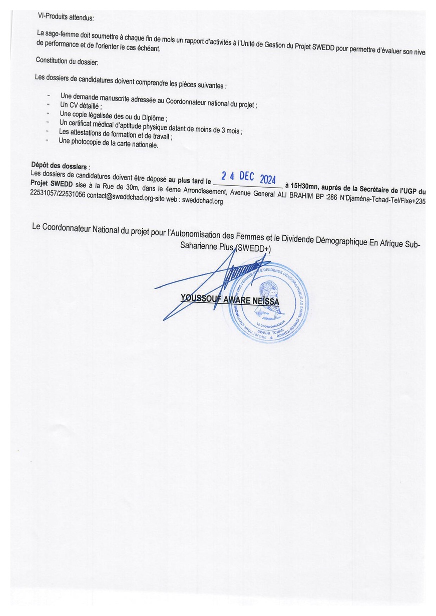 Tchad : Avis de recrutement de personnel du projet SWEDD+ (17 Sage-Femmes) Tchad : Avis de recrutement de personnel du projet SWEDD+ (17 Sage-Femmes)