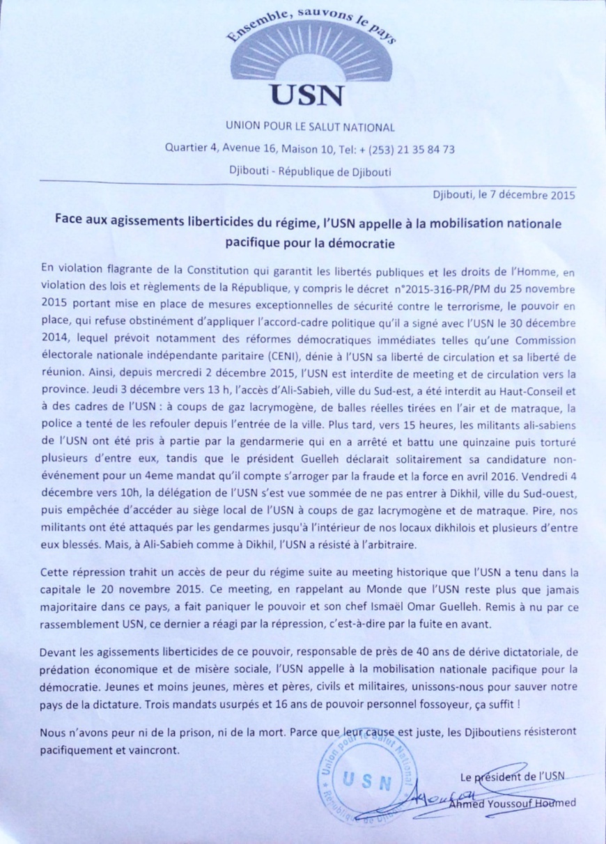 DJIBOUTI : L'opposition appelle à la mobilisation pour dénoncer les violations multiformes des droits humains