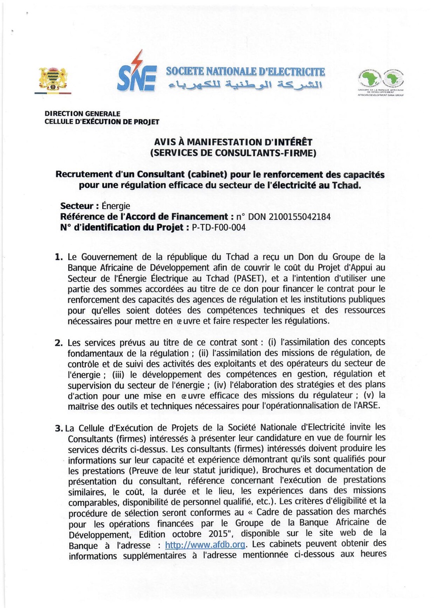 Tchad : Avis à Manifestation d'Intérêt pour le renforcement des capacités pour une régulation efficace du secteur de l'électricité au Tchad (CEP-SNE)