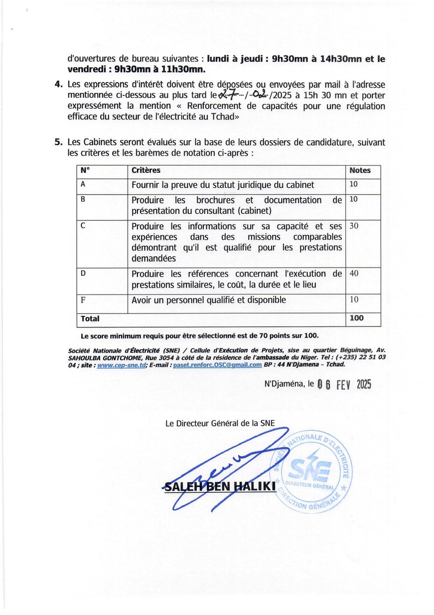 Tchad : Avis à Manifestation d'Intérêt pour le renforcement des capacités pour une régulation efficace du secteur de l'électricité au Tchad (CEP-SNE)
