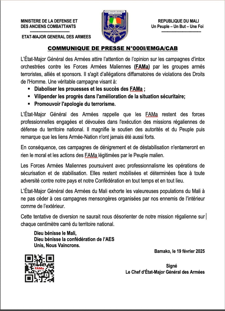 L'armée malienne met en garde contre des campagnes d'intox visant à diaboliser ses succès L'armée malienne met en garde contre des campagnes d'intox visant à diaboliser ses succès