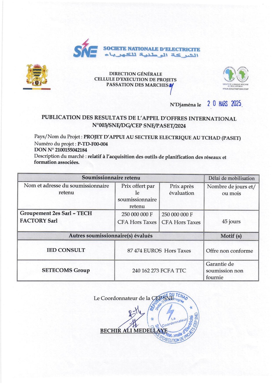 Tchad : Publication des résultats de l'Appel d'Offres International n°003/SNE/DG/CEP SNE/PASET/2024 (Projet PASET)