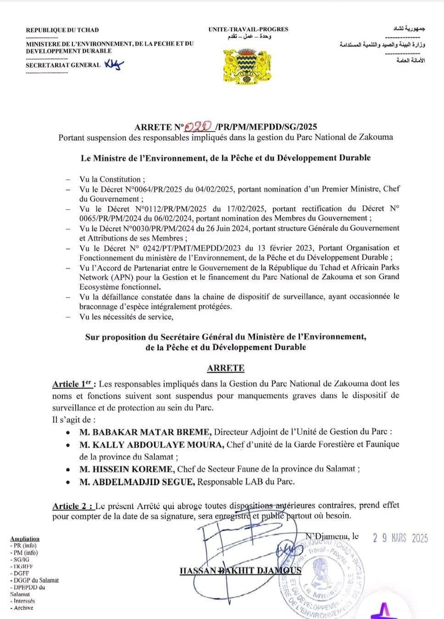 Tchad - Scandale au Parc National de Zakouma : Des Responsables Suspendus après le Braconnage de Rhinocéros
