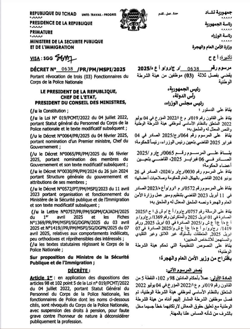 Tchad : Trois fonctionnaires révoqués du corps de la police nationale pour faute grave