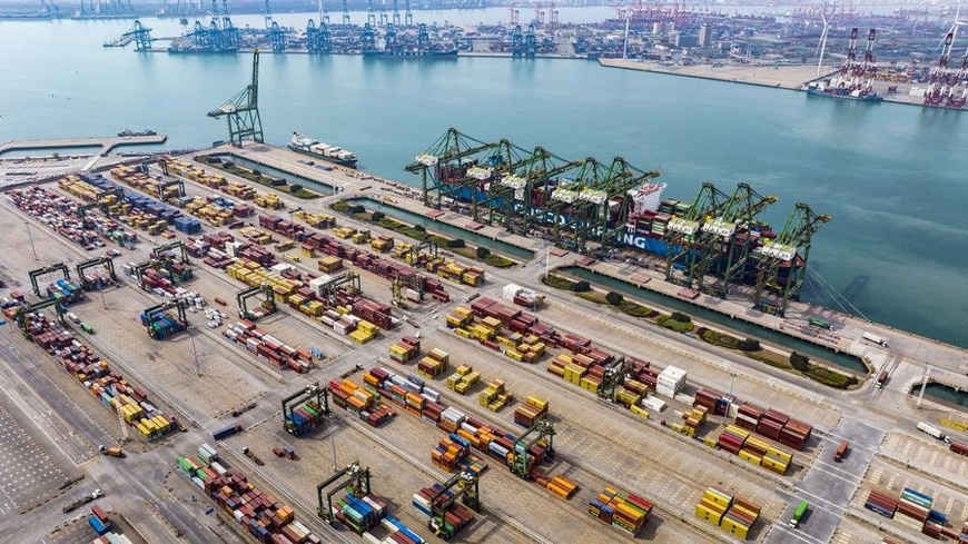 A drone photo taken on April 8, 2025 shows a view of a container terminal of Tianjin Port in North China's Tianjin. [Photo/Xinhua]