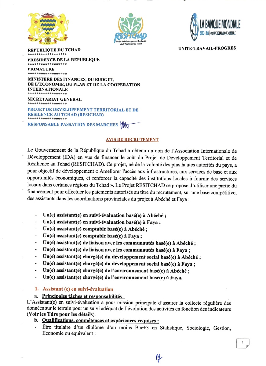 Tchad : Avis de recrutement d'assistants techniques dans le cadre du Projet RESITCHAD Tchad : Avis de recrutement d'assistants techniques dans le cadre du Projet RESITCHAD