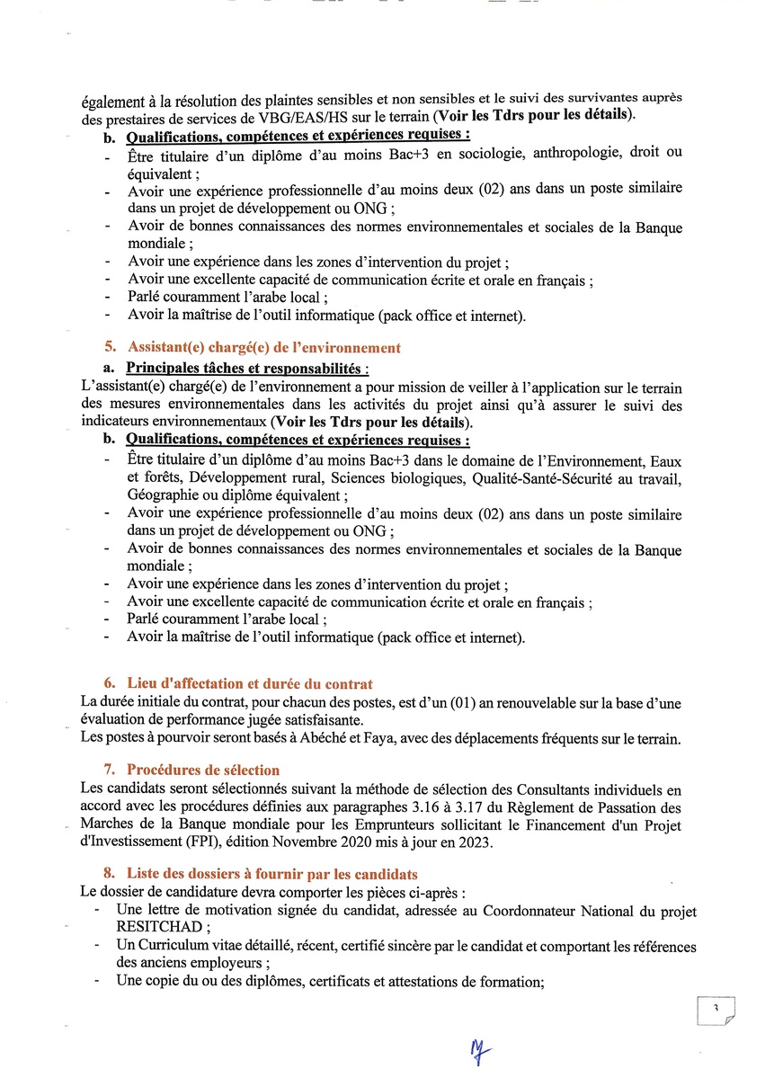 Tchad : Avis de recrutement d'assistants techniques dans le cadre du Projet RESITCHAD Tchad : Avis de recrutement d'assistants techniques dans le cadre du Projet RESITCHAD