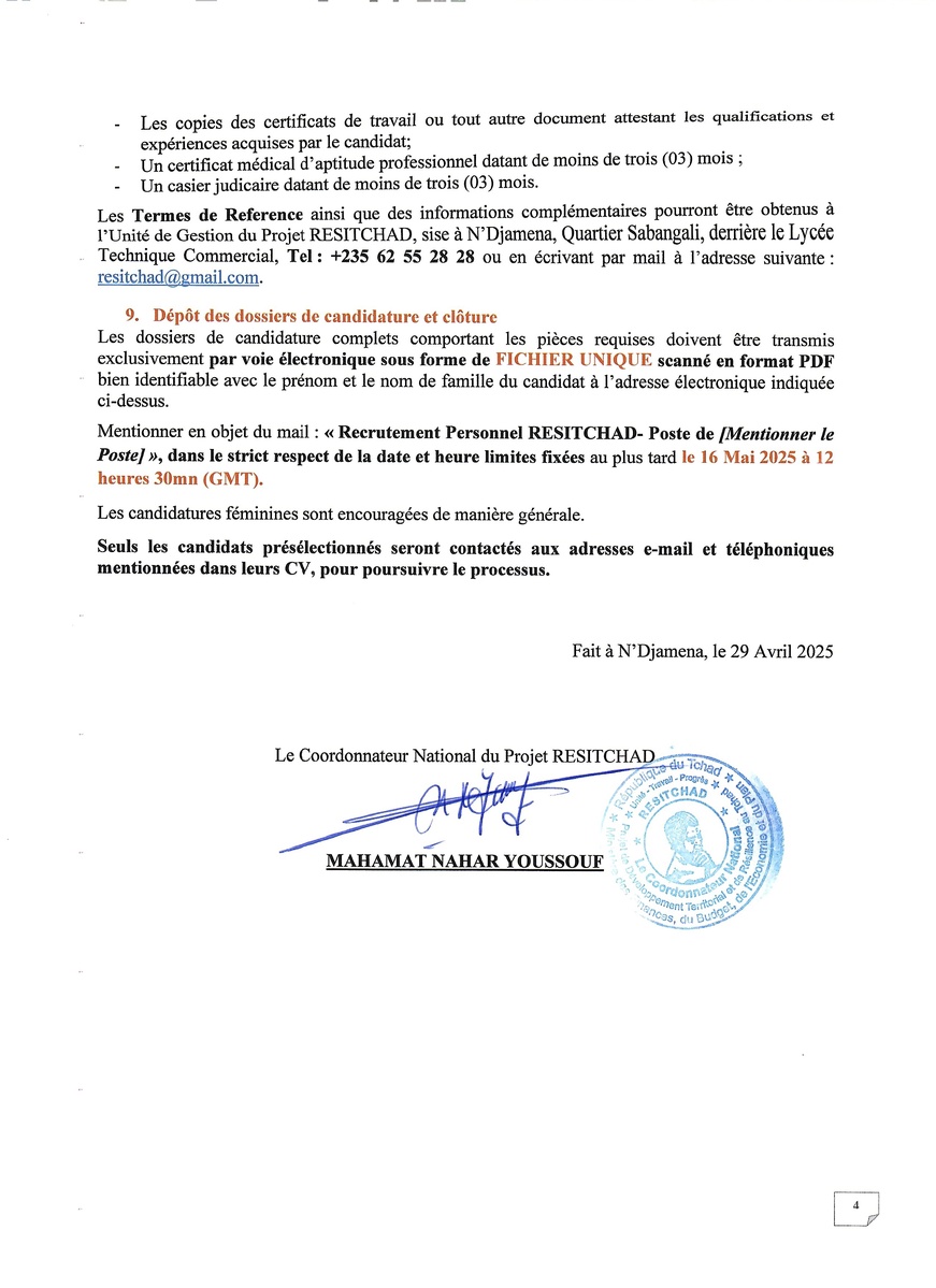 Tchad : Avis de recrutement d'assistants techniques dans le cadre du Projet RESITCHAD