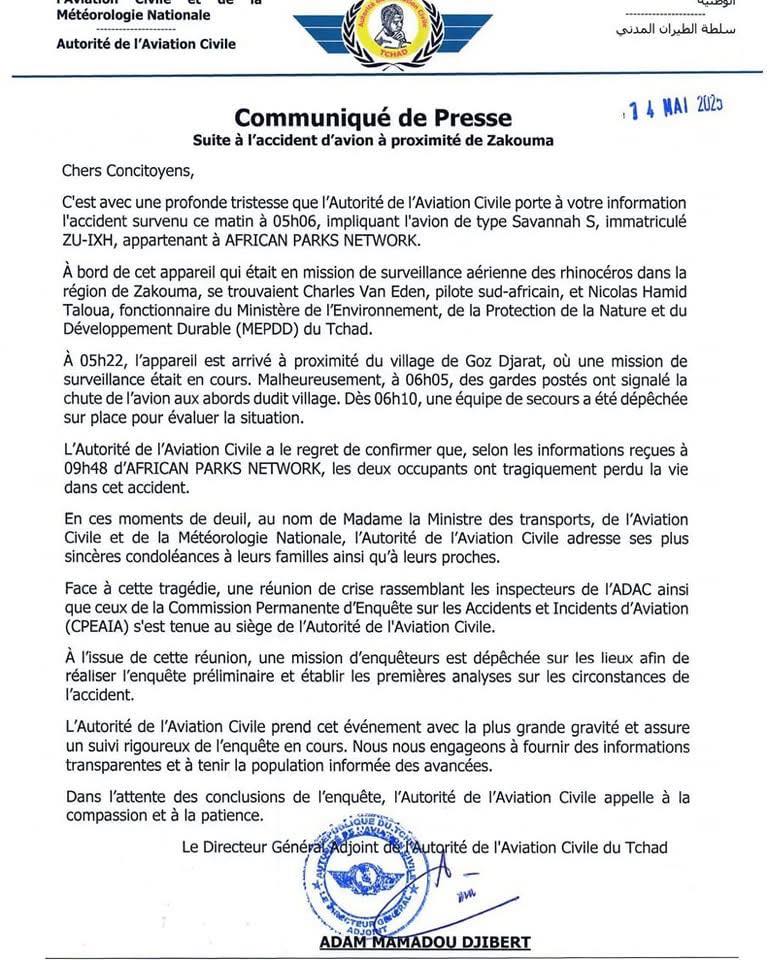 Tchad : des enquêteurs dépêchés sur les lieux du drame après le crash d'avion dans la zone de Zakouma Tchad : des enquêteurs dépêchés sur les lieux du drame après le crash d'avion dans la zone de Zakouma
