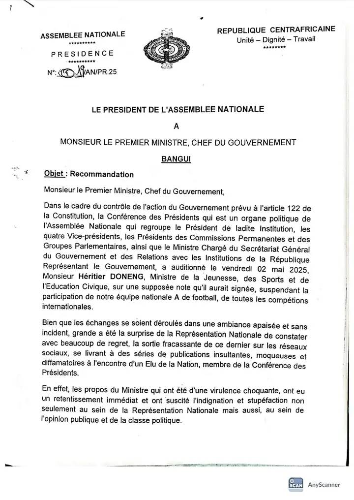 RCA : L'Assemblée Nationale demande le limogeage du Ministre de la Jeunesse, Héritier Doneng RCA : L'Assemblée Nationale demande le limogeage du Ministre de la Jeunesse, Héritier Doneng