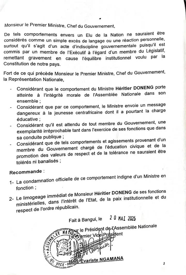 RCA : L'Assemblée Nationale demande le limogeage du Ministre de la Jeunesse, Héritier Doneng RCA : L'Assemblée Nationale demande le limogeage du Ministre de la Jeunesse, Héritier Doneng