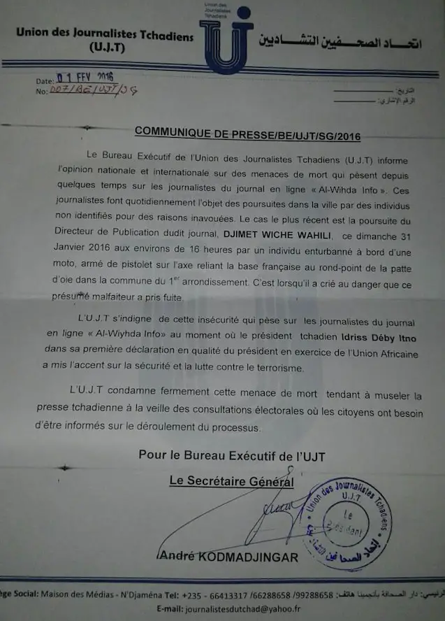 Tchad : L'UJT dénonce des menaces de mort sur des journalistes
