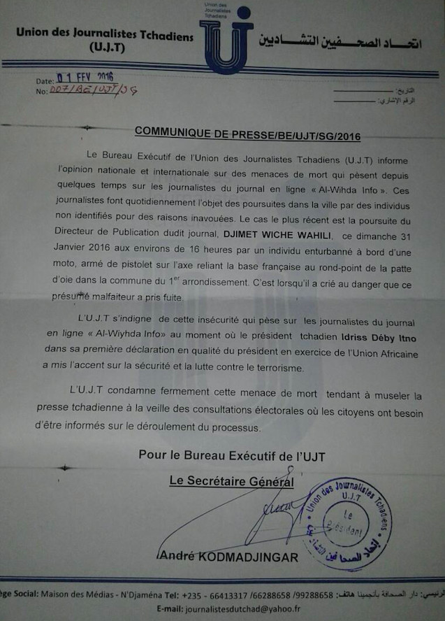 Tchad : L'UJT dénonce des menaces de mort sur des journalistes Tchad : L'UJT dénonce des menaces de mort sur des journalistes