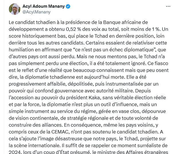 Tchad : Un revers cuisant à la BAD et un diagnostic sévère de la diplomatie tchadienne par Acyl Adoum Manany Tchad : Un revers cuisant à la BAD et un diagnostic sévère de la diplomatie tchadienne par Acyl Adoum Manany