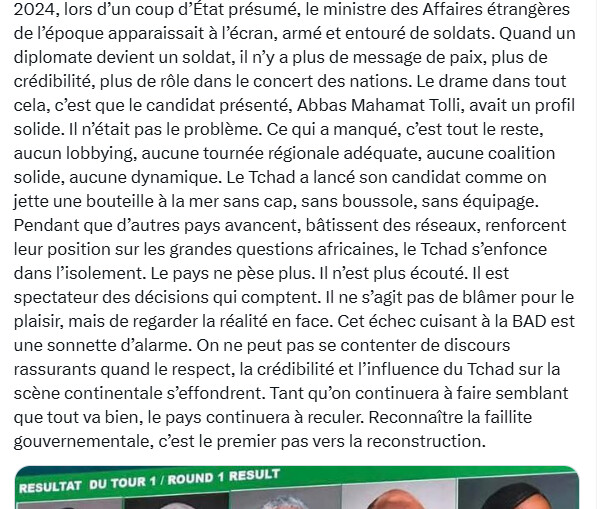 Tchad : Un revers cuisant à la BAD et un diagnostic sévère de la diplomatie tchadienne par Acyl Adoum Manany Tchad : Un revers cuisant à la BAD et un diagnostic sévère de la diplomatie tchadienne par Acyl Adoum Manany