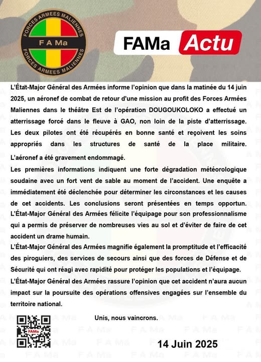 Mali : Un avion de combat des FAMa effectue un atterrissage forcé près de Gao Mali : Un avion de combat des FAMa effectue un atterrissage forcé près de Gao