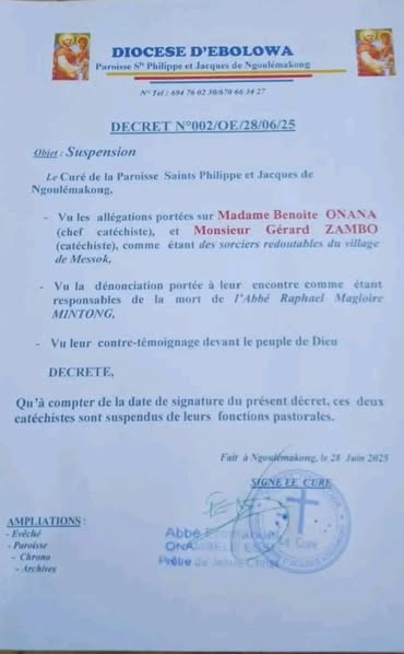 Cameroun : Deux catéchistes suspendus pour pratiques de sorcellerie après le décès d'un prêtre Cameroun : Deux catéchistes suspendus pour pratiques de sorcellerie après le décès d'un prêtre