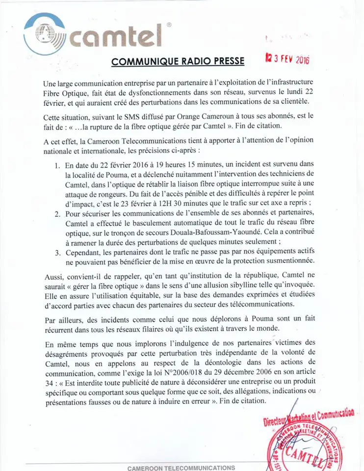 Télécommunications: Camtel corrige  Orange Cameroun