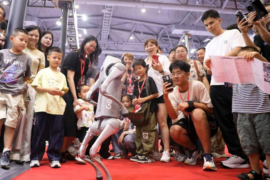 A robotic dog is exhibited at the Hangzhou International Android and Robot Technology Exhibition 2025, June 21, 2025. (Photo by Xu Junyong/People's Daily Online)