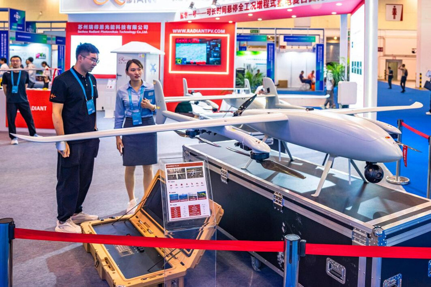Unmanned aerial vehicles are exhibited at the third Low Altitude (Suzhou) Industrial Innovation Ecosystem Conference and the 2025 Digital Low Altitude Conference held in Suzhou, east China's Jiangsu province, June 27, 2025. (Photo by Zhang Feng/People's Daily Online)