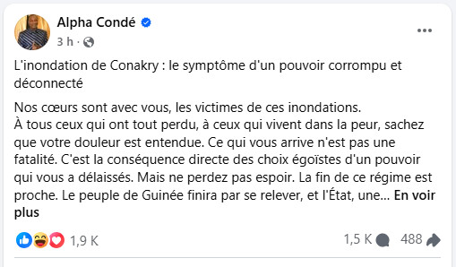Guinée : L'ancien Président Alpha Condé dénonce le pouvoir en place suite aux inondations de Conakry Guinée : L'ancien Président Alpha Condé dénonce le pouvoir en place suite aux inondations de Conakry