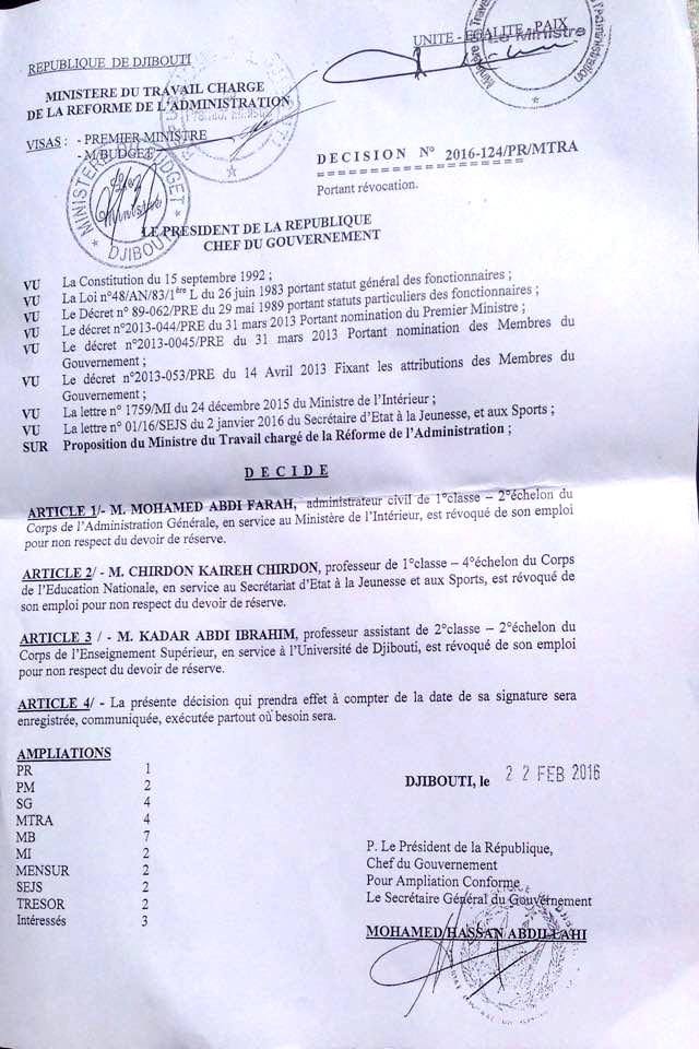 Djibouti: Kadar Abdi Ibrahim, licencié et radié de la fonction publique pour engagement politique Djibouti: Kadar Abdi Ibrahim, licencié et radié de la fonction publique pour engagement politique