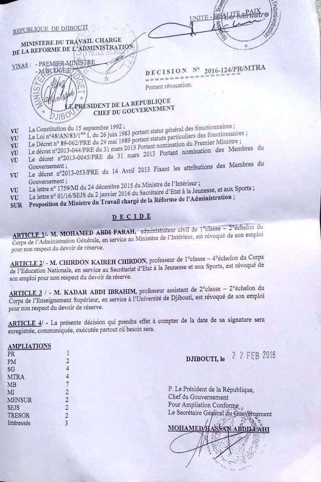 Djibouti: Kadar Abdi Ibrahim, licencié et radié de la fonction publique pour engagement politique