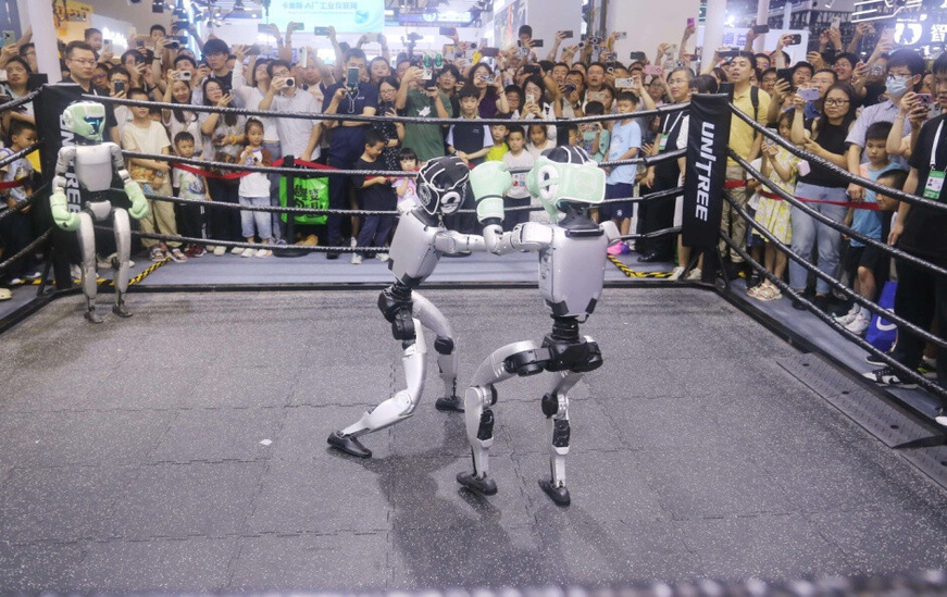A boxing game for humanoid robots is held during the 2025 World AI Conference (WAIC) in Shanghai, July 27. (Photo by Chen Yuyu/People's Daily Online)