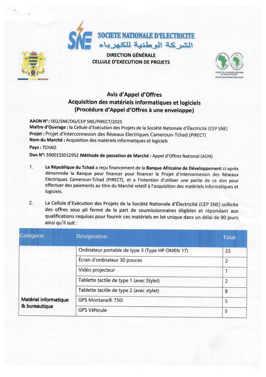 Tchad : Avis d'Appel d'Offres n°002 pour l'acquisition de matériels informatique et logiciels (CEP-SNE)