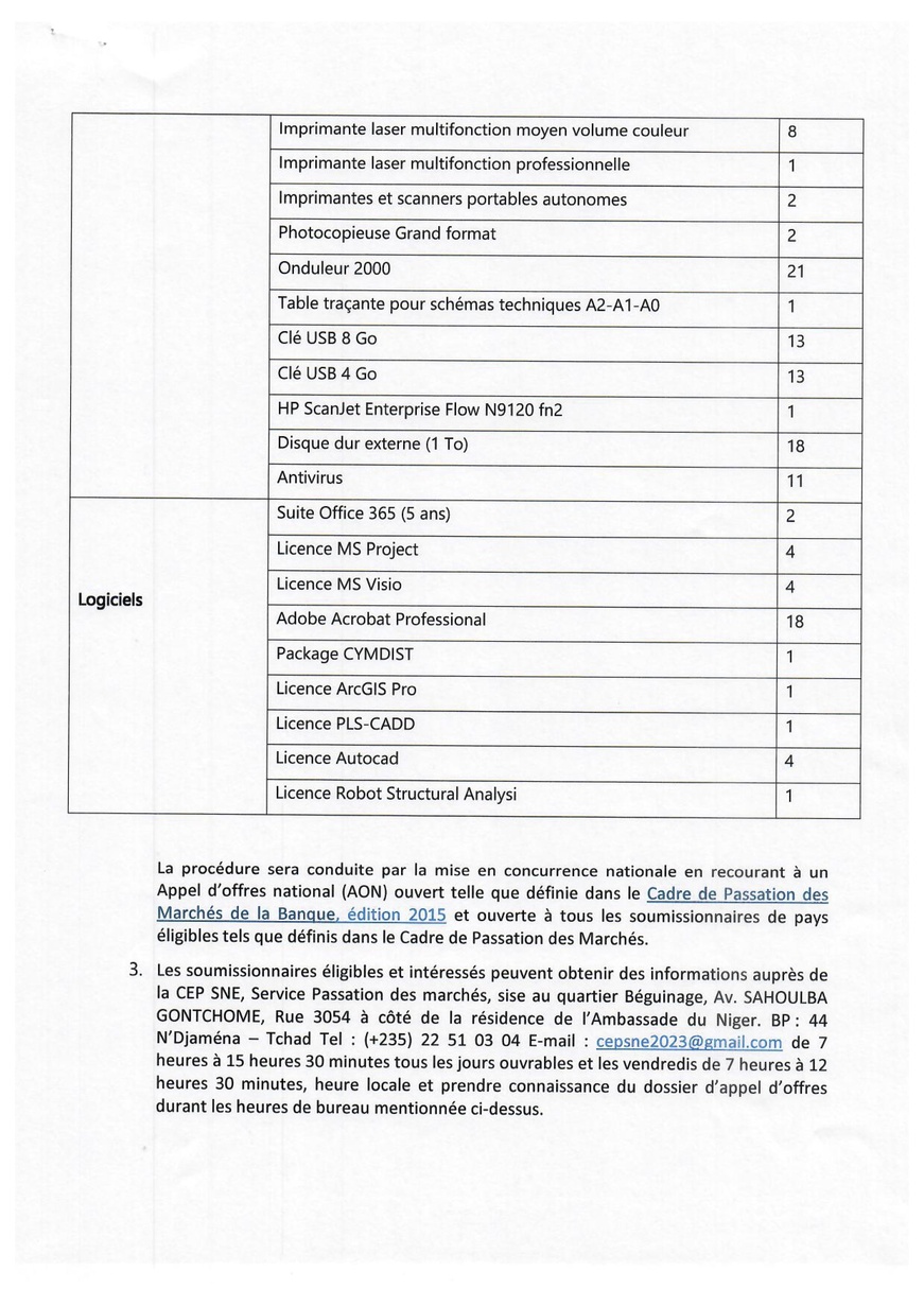 Tchad : Avis d'Appel d'Offres n°002 pour l'acquisition de matériels informatique et logiciels (CEP-SNE)