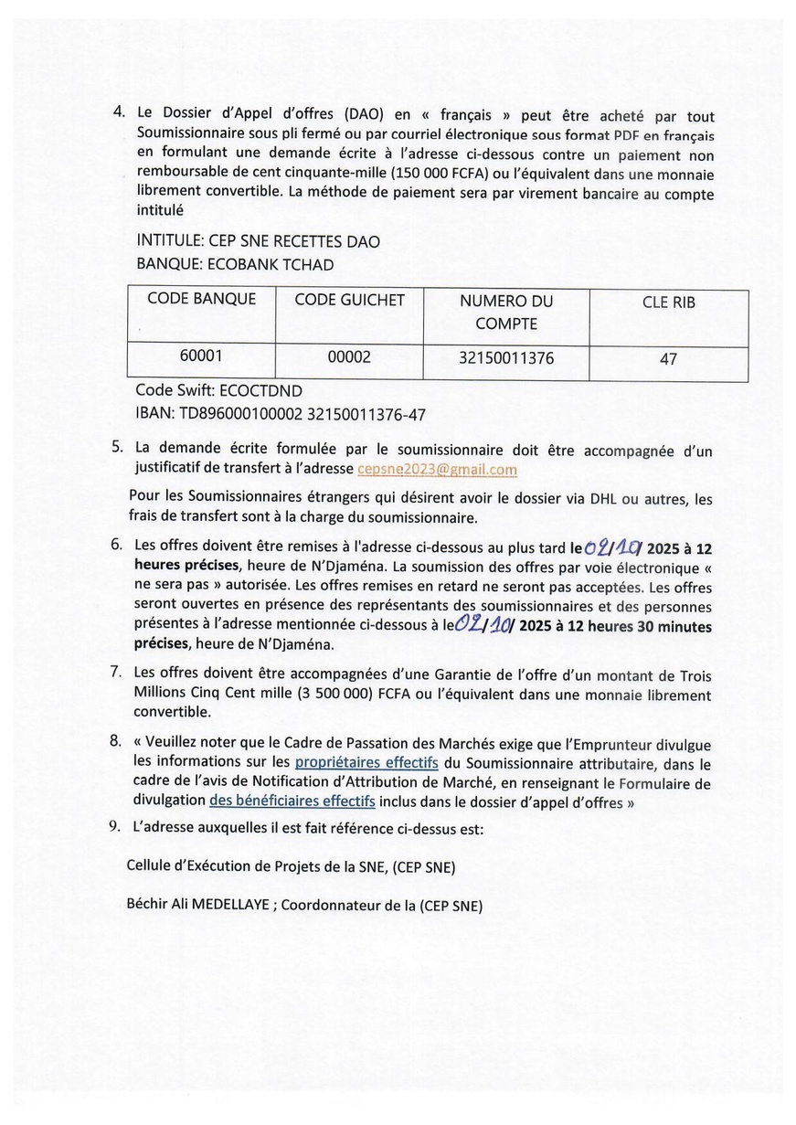 Tchad : Avis d'Appel d'Offres n°002 pour l'acquisition de matériels informatique et logiciels (CEP-SNE)