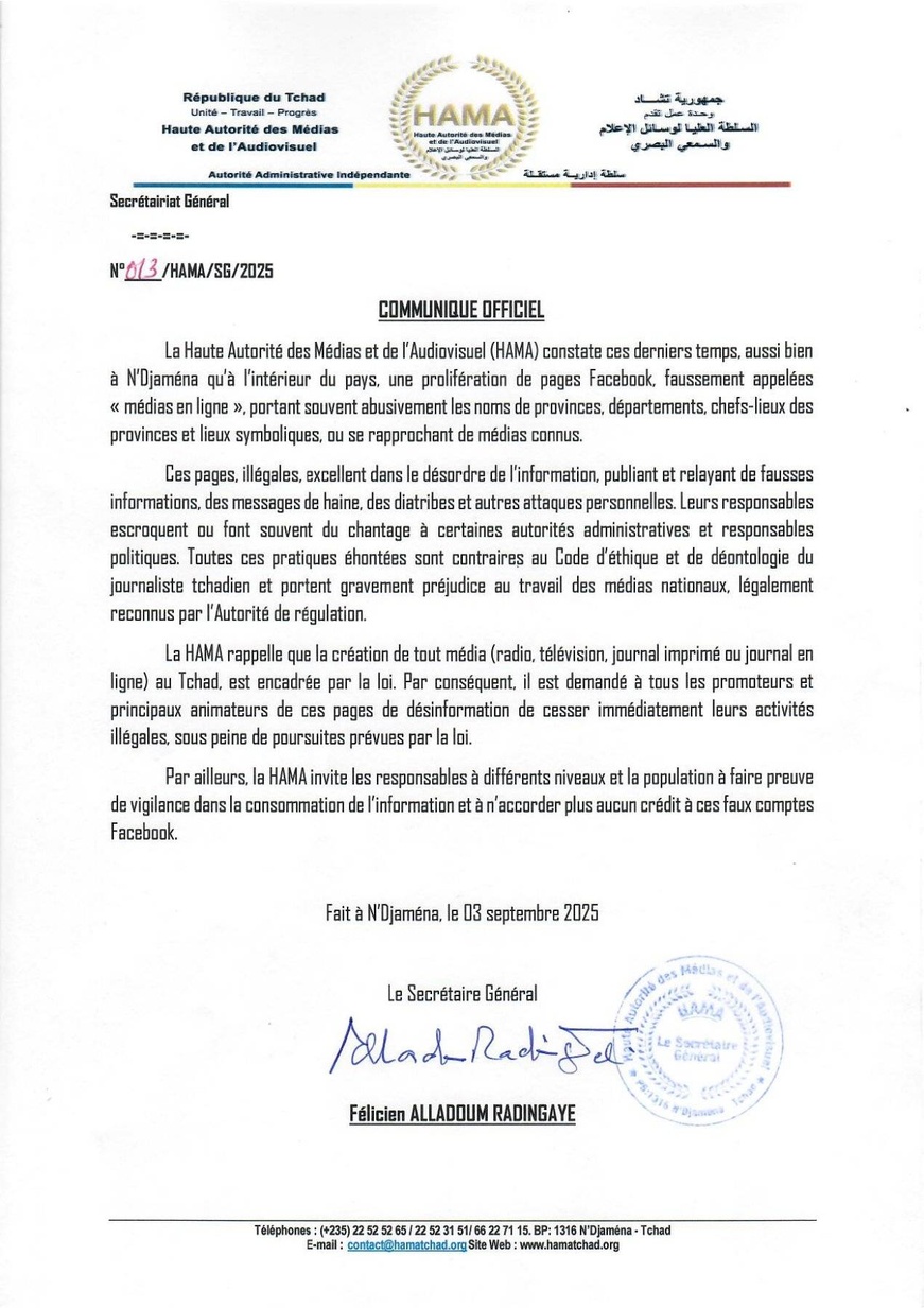 Tchad : La HAMA alerte contre la prolifération des faux médias sur les réseaux sociaux Tchad : La HAMA alerte contre la prolifération des faux médias sur les réseaux sociaux