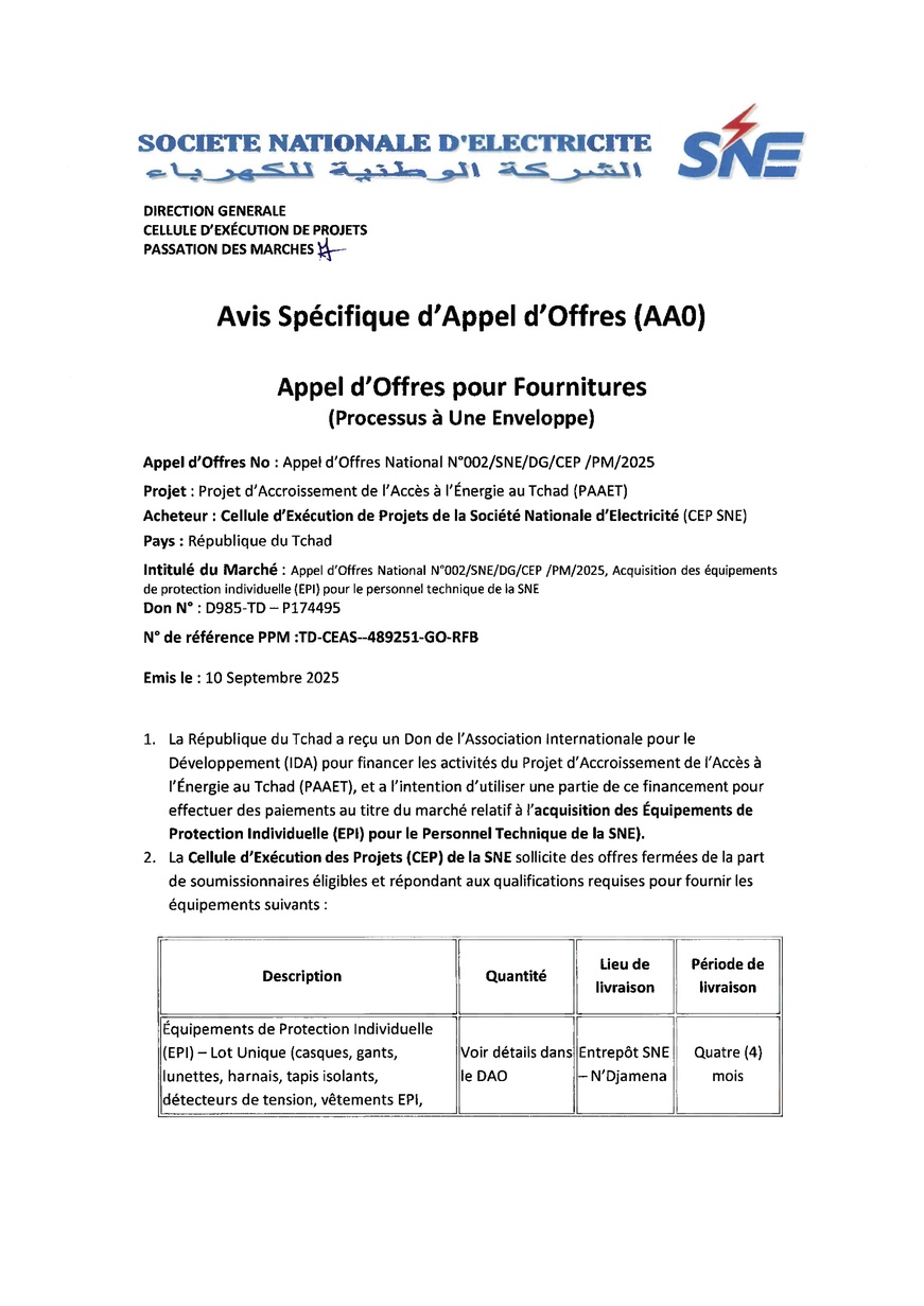 Tchad : Avis d'Appel d'Offres pour acquisition des équipements de protection individuelle (Projet PAAET)