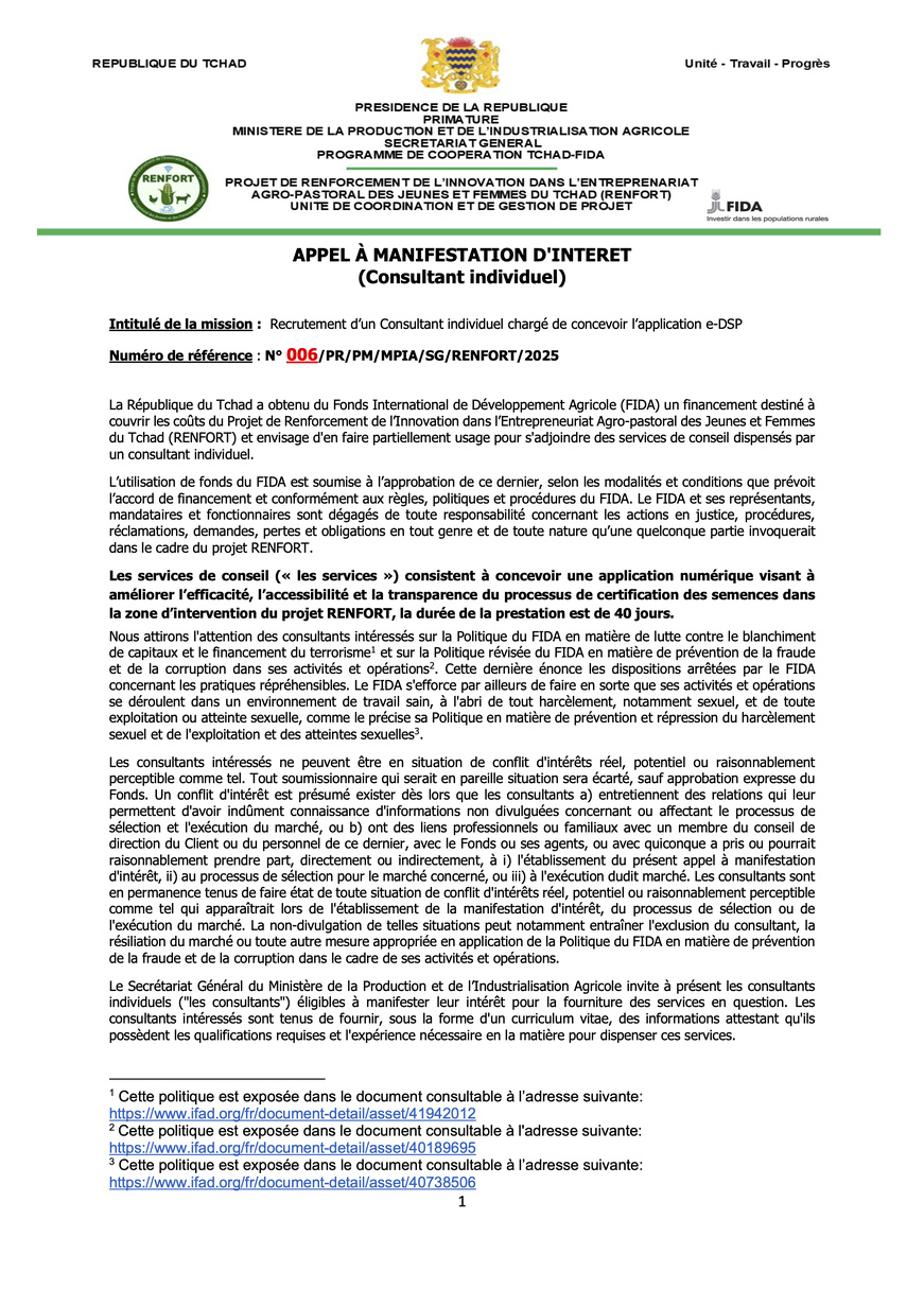 Tchad : Avis d'Appel à Manifestation pour le recrutement d'un Consultant Individuel pour la conception de l'application e-DSP