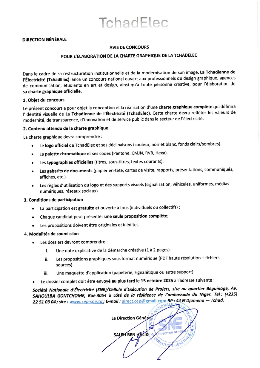 Tchad : La Tchadienne de l’Électricité (TchadElec) lance un concours national pour l’élaboration de sa charte graphique officielle Tchad : La Tchadienne de l’Électricité (TchadElec) lance un concours national pour l’élaboration de sa charte graphique officielle