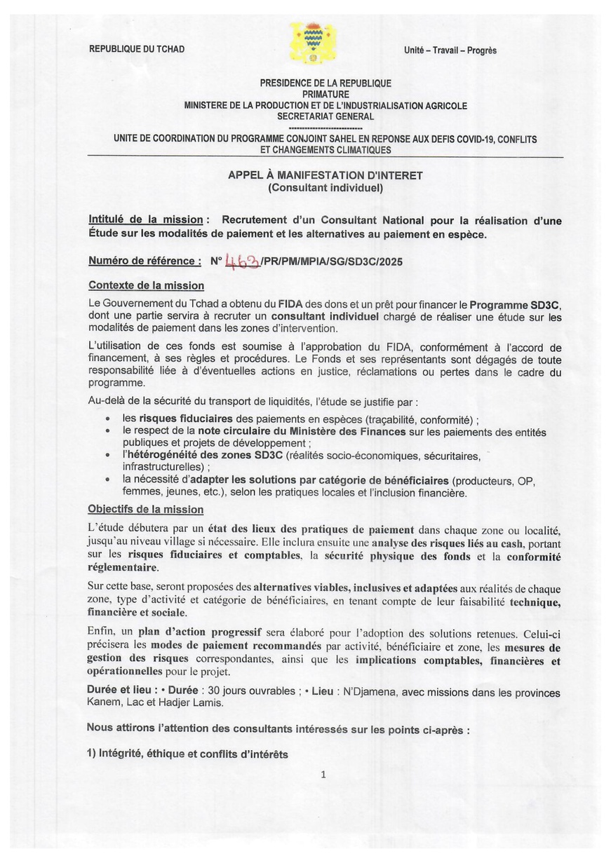 Tchad : Recrutement d'un Consultant National pour la réalisation d'une étude sur les modalités de paiement (Programme SD3C) Tchad : Recrutement d'un Consultant National pour la réalisation d'une étude sur les modalités de paiement (Programme SD3C)