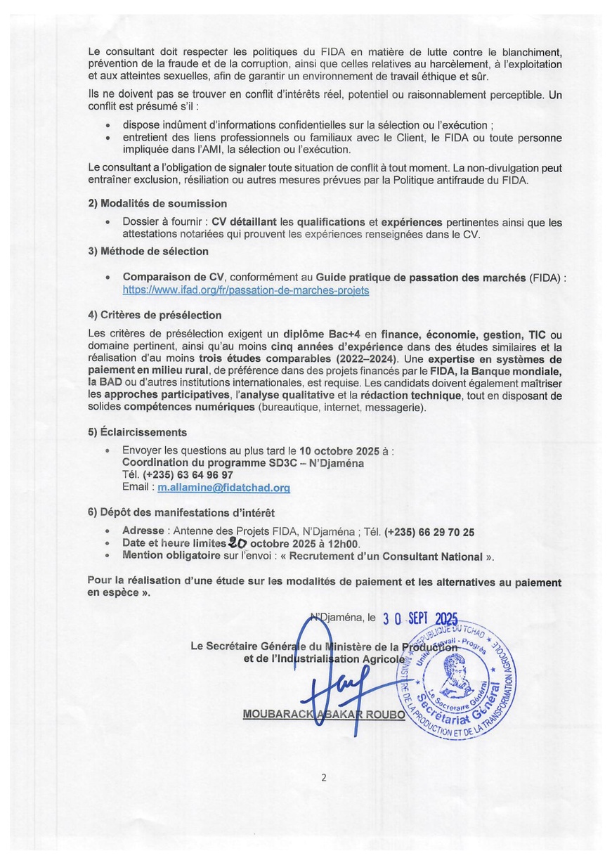 Tchad : Recrutement d'un Consultant National pour la réalisation d'une étude sur les modalités de paiement (Programme SD3C) Tchad : Recrutement d'un Consultant National pour la réalisation d'une étude sur les modalités de paiement (Programme SD3C)
