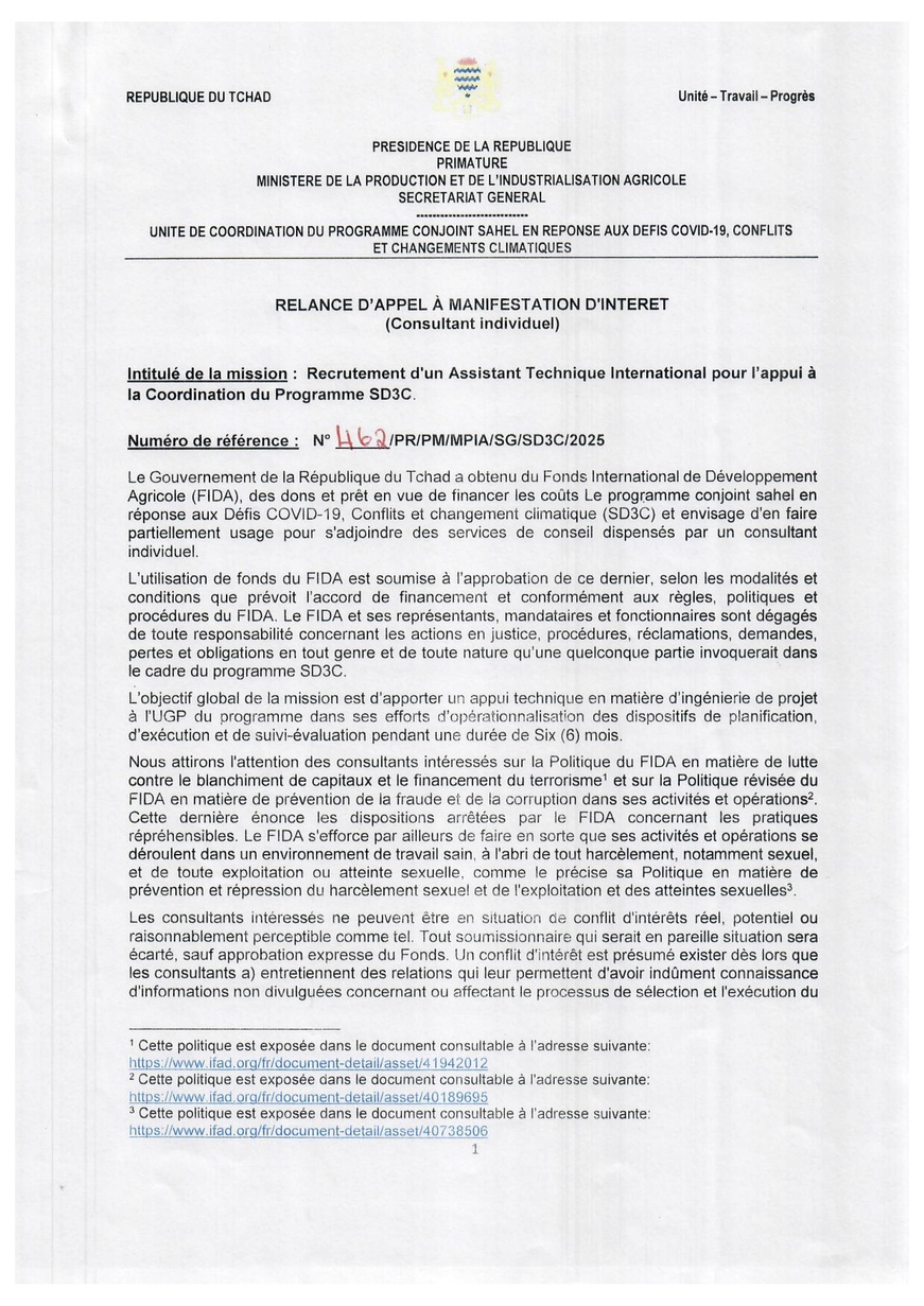 Tchad : Relance Recrutement d'un Assistant Technique International pour l'appui à la Coordination du Programme SD3C Tchad : Relance Recrutement d'un Assistant Technique International pour l'appui à la Coordination du Programme SD3C
