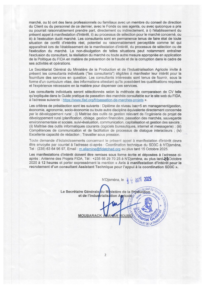 Tchad : Relance Recrutement d'un Assistant Technique International pour l'appui à la Coordination du Programme SD3C Tchad : Relance Recrutement d'un Assistant Technique International pour l'appui à la Coordination du Programme SD3C