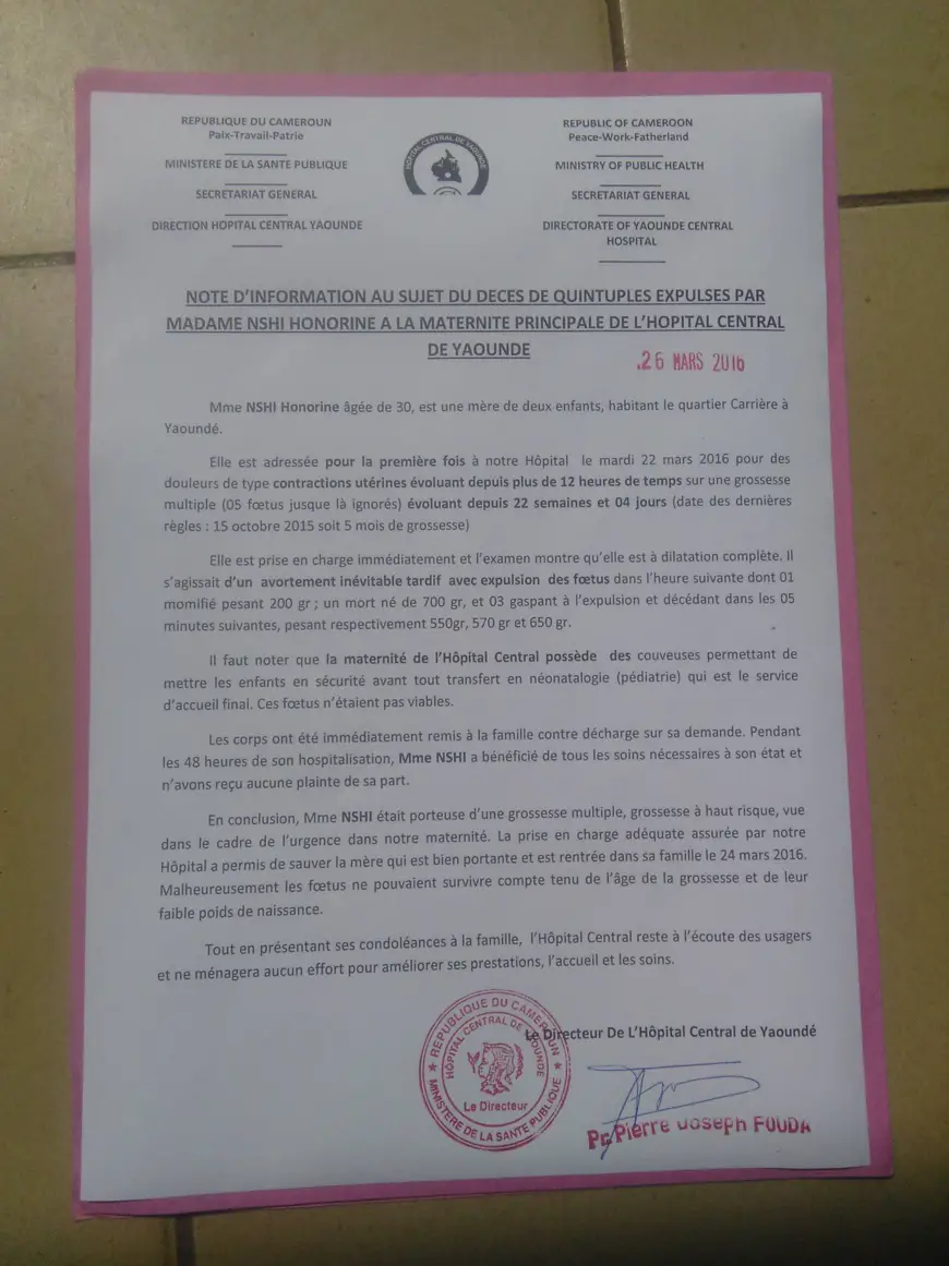 Cameroun:L'hôpital Central de Yaoundé se félicite du décès des quintuplés