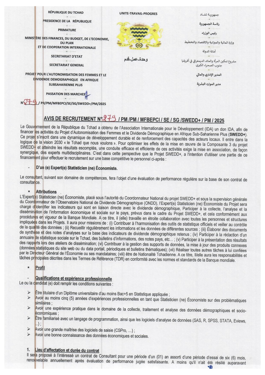 Tchad : Le projet SWEDD+ lance un avis de recrutement d'un(e) Expert(e) Statisticien(ne) Économiste Tchad : Le projet SWEDD+ lance un avis de recrutement d'un(e) Expert(e) Statisticien(ne) Économiste
