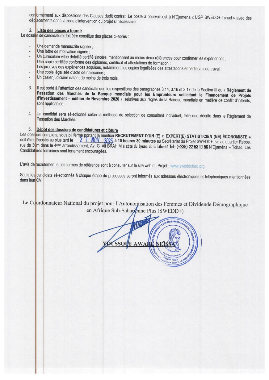 Tchad : Le projet SWEDD+ lance un avis de recrutement d'un(e) Expert(e) Statisticien(ne) Économiste Tchad : Le projet SWEDD+ lance un avis de recrutement d'un(e) Expert(e) Statisticien(ne) Économiste
