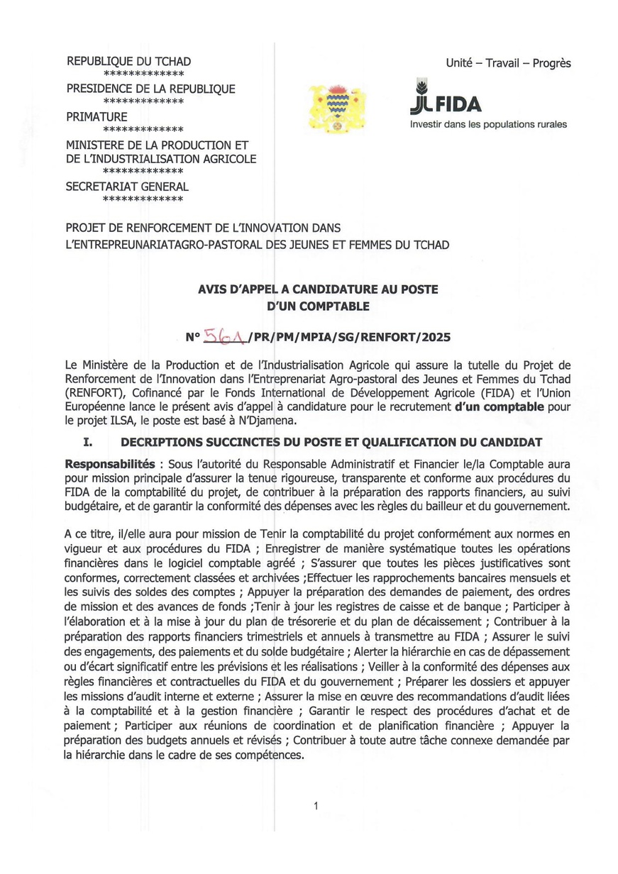 Tchad : Avis d'appel à candidature au poste d'un Comptable (Projet RENFORT)